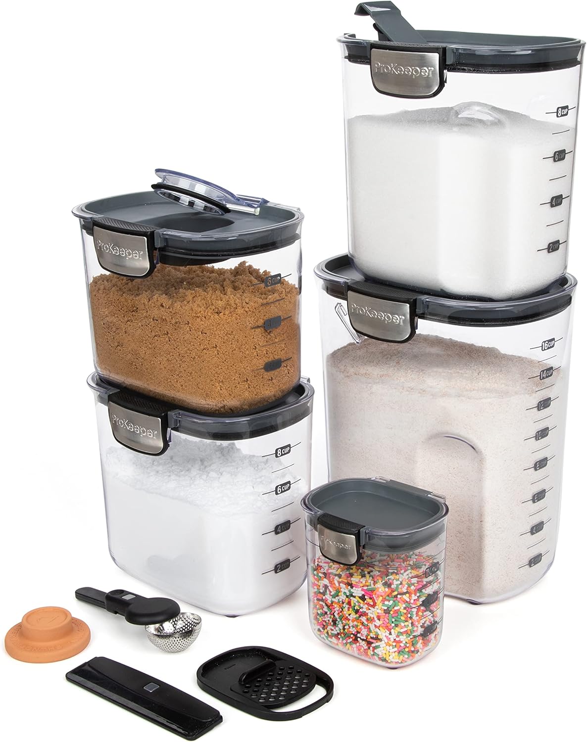 + Airtight Food Storage Container Set – Clear Plastic Flour and Sugar Canister Set with Magnetic Accessories for Kitchen Organization (Grey)
