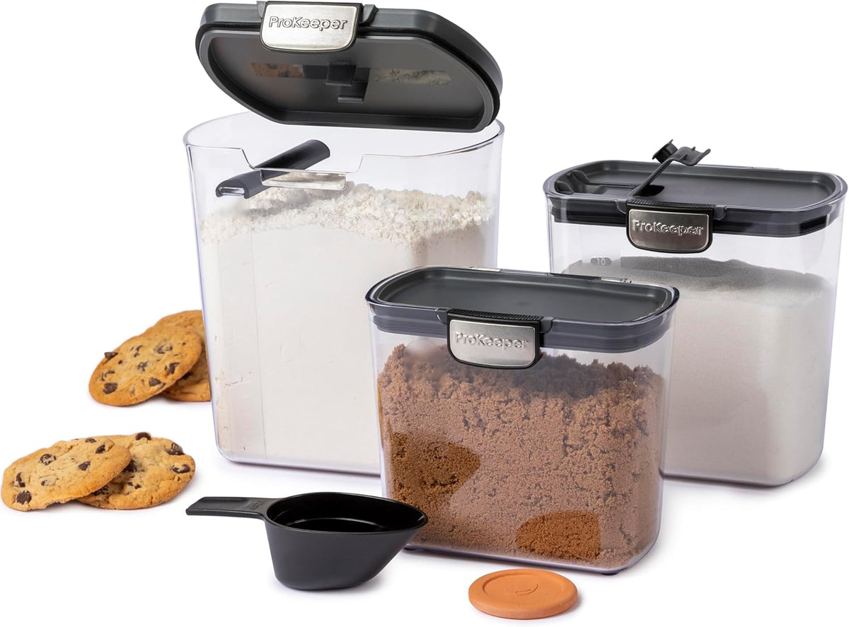 + Airtight Food Storage Container Set – Clear Plastic Flour and Sugar Canister Set with Magnetic Accessories for Kitchen Organization (Grey)