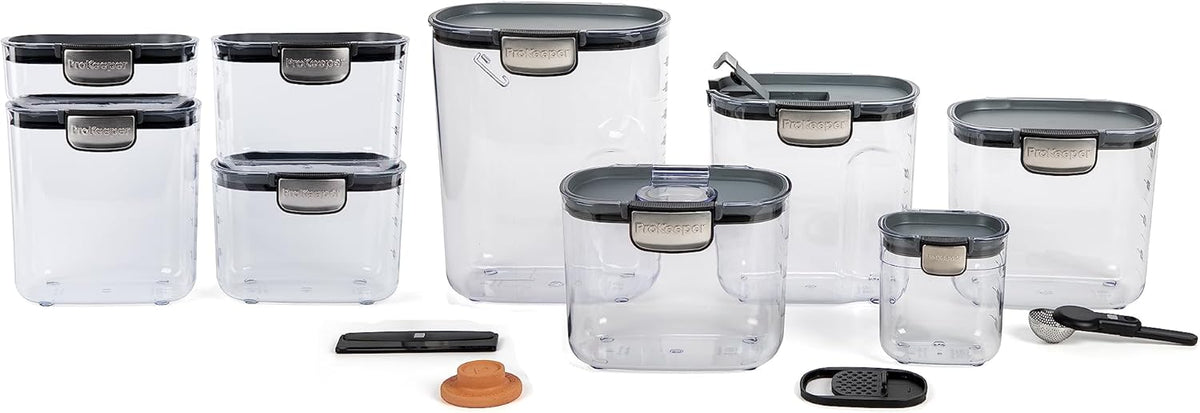 + Airtight Food Storage Container Set – Clear Plastic Flour and Sugar Canister Set with Magnetic Accessories for Kitchen Organization (Grey)