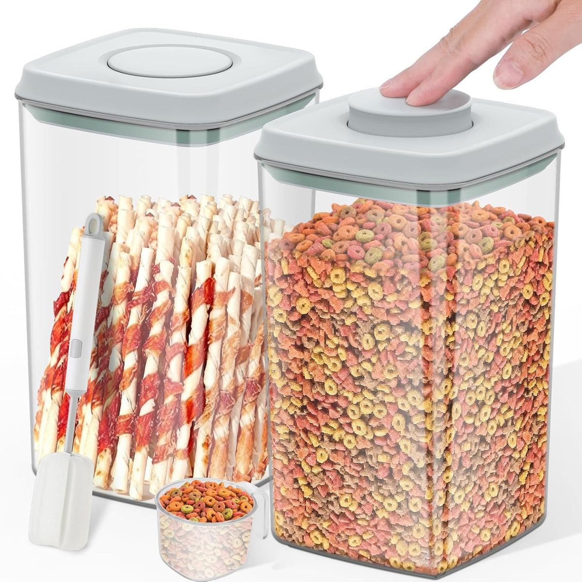 12 lbs Airtight Dog Cat Food Storage Container and Dog Treat Containers BPA-Free, PET Clear Stackable Pet Storage Bin, 1-Cup Scoop, 1-Sponge cleaning brush, Pop Top, With handle, Easy Mobility-large