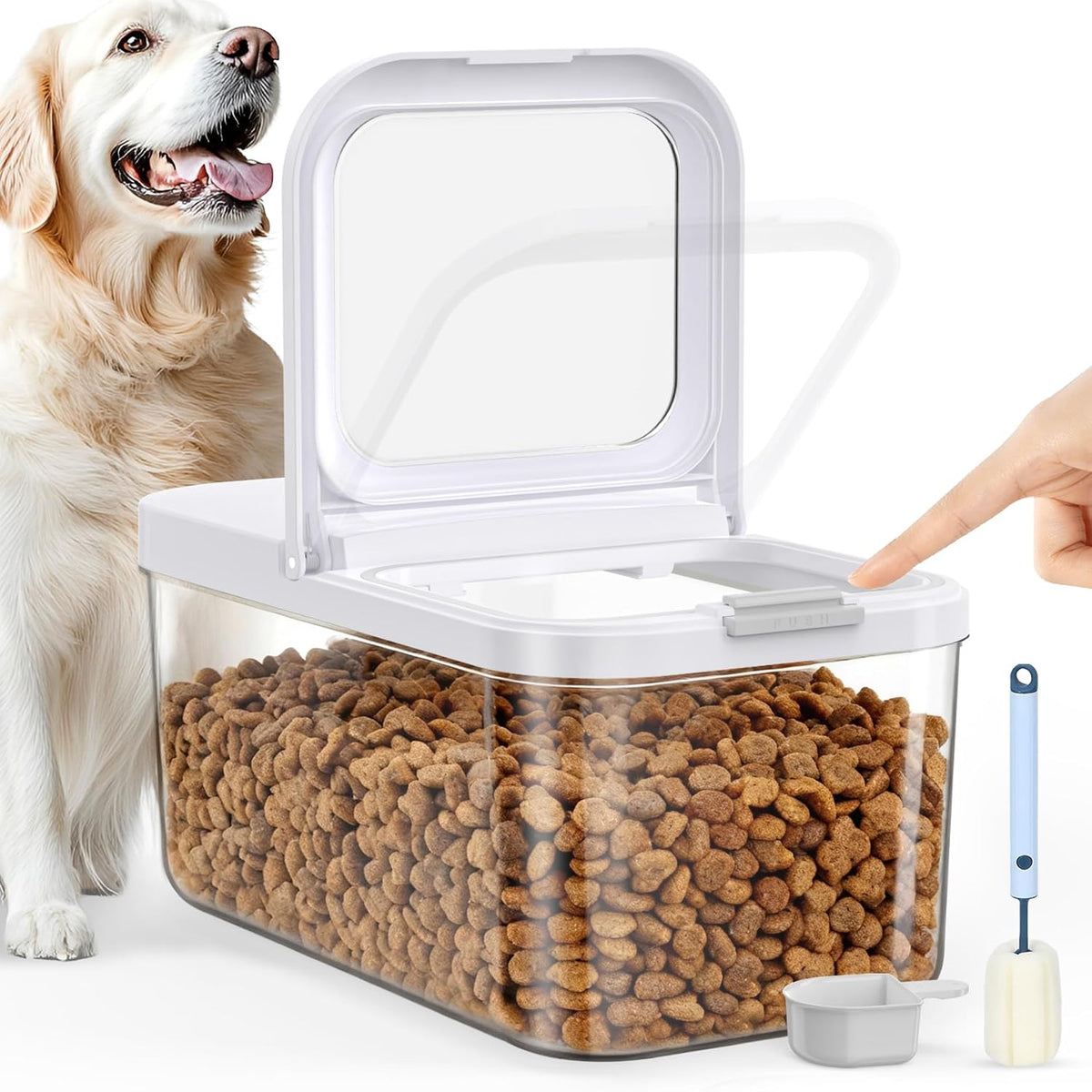 12 lbs Airtight Dog Cat Food Storage Container and Dog Treat Containers BPA-Free, PET Clear Stackable Pet Storage Bin, 1-Cup Scoop, 1-Sponge cleaning brush, Pop Top, With handle, Easy Mobility-large