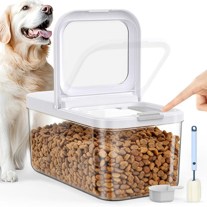 12 lbs Airtight Dog Cat Food Storage Container and Dog Treat Containers BPA-Free, PET Clear Stackable Pet Storage Bin, 1-Cup Scoop, 1-Sponge cleaning brush, Pop Top, With handle, Easy Mobility-large