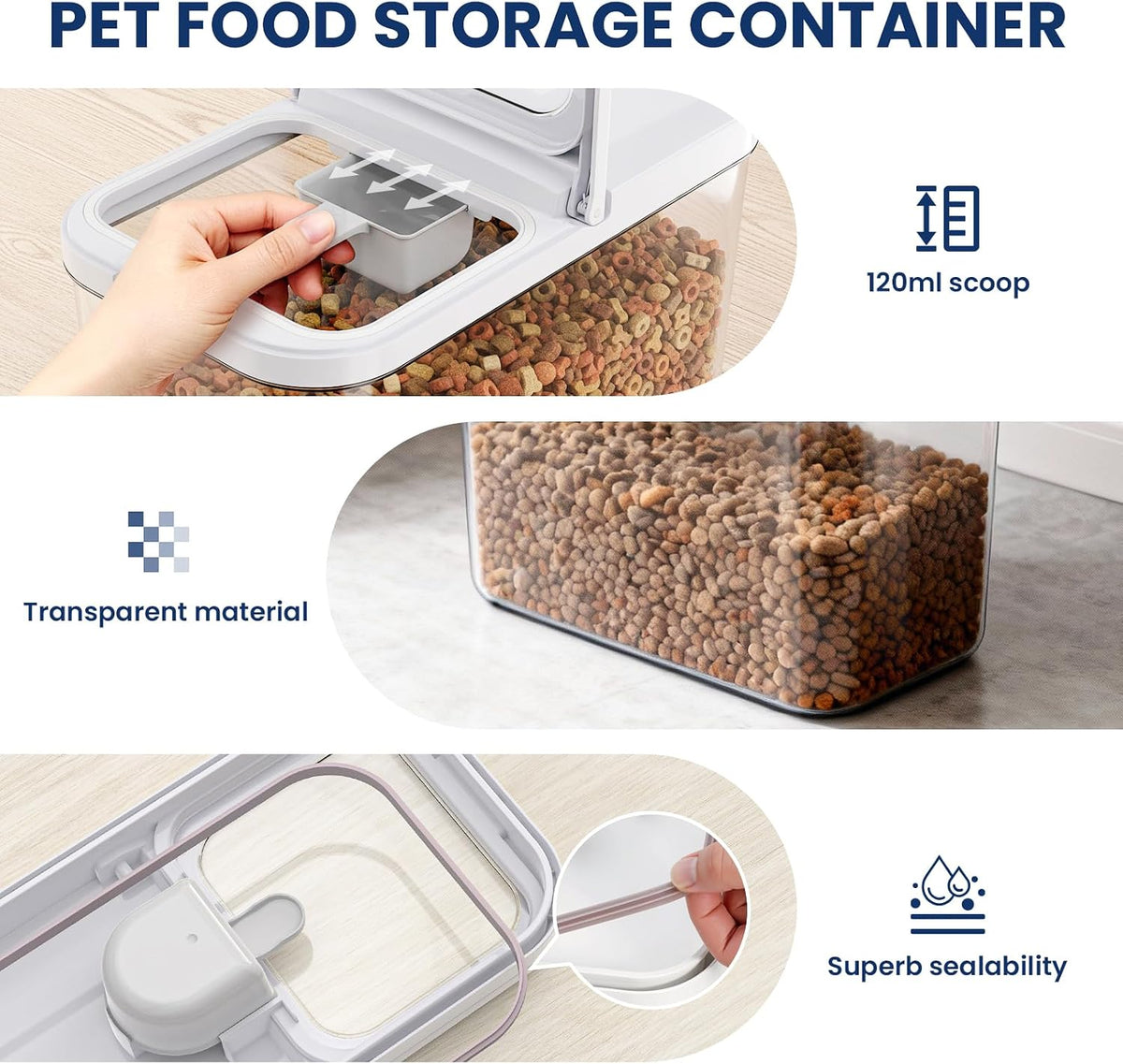 12 lbs Airtight Dog Cat Food Storage Container and Dog Treat Containers BPA-Free, PET Clear Stackable Pet Storage Bin, 1-Cup Scoop, 1-Sponge cleaning brush, Pop Top, With handle, Easy Mobility-large