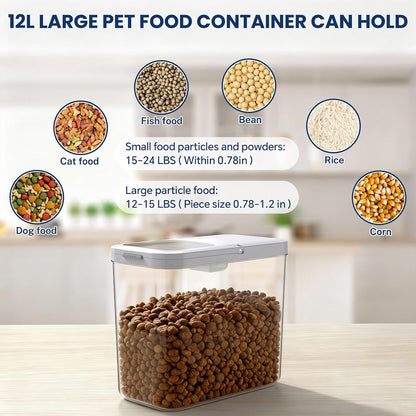 12 lbs Airtight Dog Cat Food Storage Container and Dog Treat Containers BPA-Free, PET Clear Stackable Pet Storage Bin, 1-Cup Scoop, 1-Sponge cleaning brush, Pop Top, With handle, Easy Mobility-large