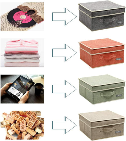 Fabric Storage Bins with Lids Small 4 Pack, Linen Foldable Storage Box with lids 4 Color Set 12.4in/12in/6.7in