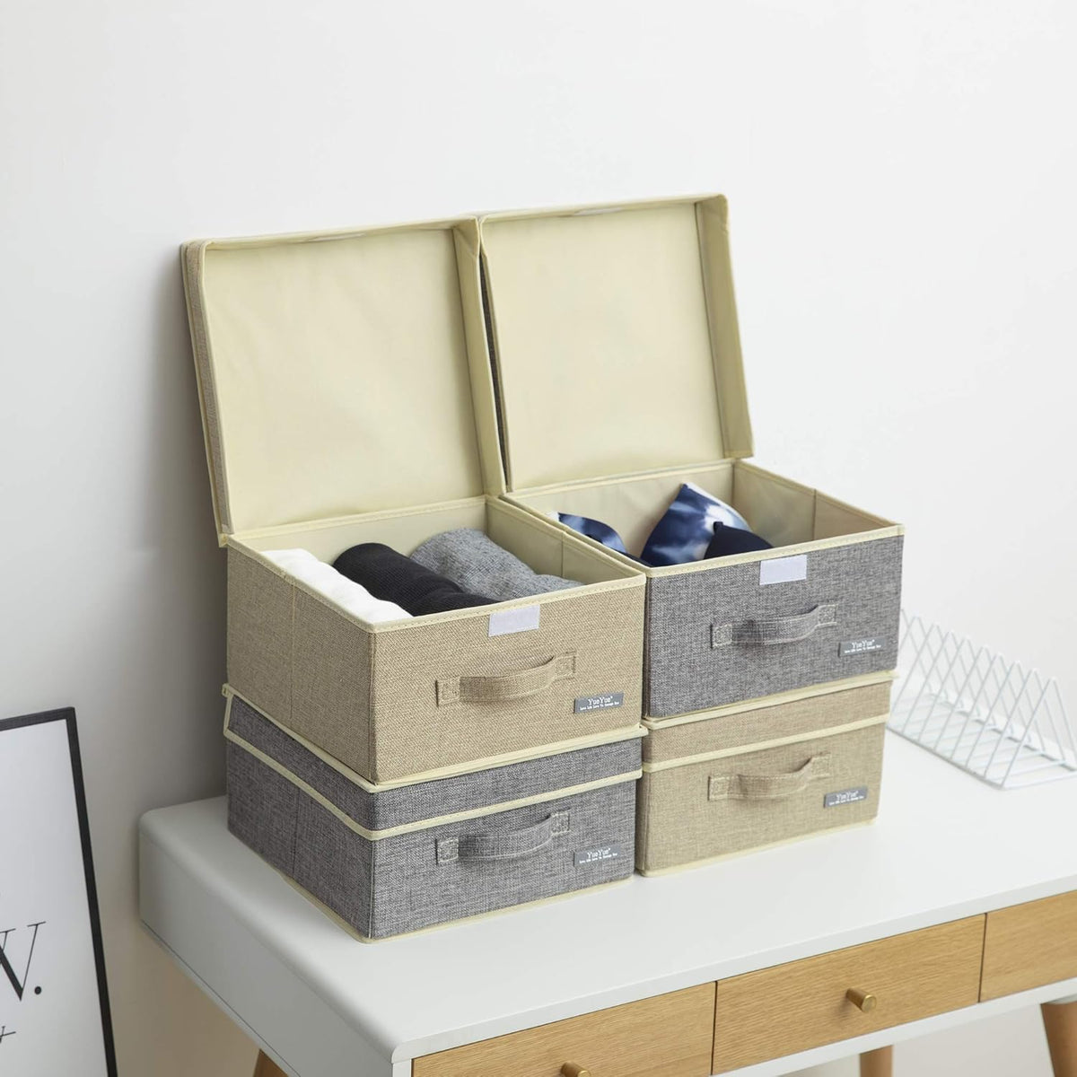 Fabric Storage Bins with Lids Small 4 Pack, Linen Foldable Storage Box with lids 4 Color Set 12.4in/12in/6.7in