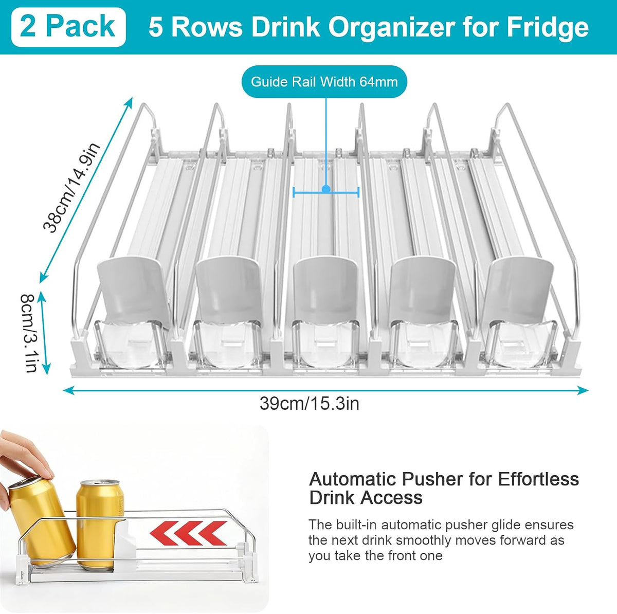 3 Pack Drink Organizer for Fridge, Self Pushing Fridge Drink Organizer | Self Pushing Soda Dispenser for Refrigerator, Automatic Drink Dispenser for Fridge, Holds up to 75 Cans (15 Rows)