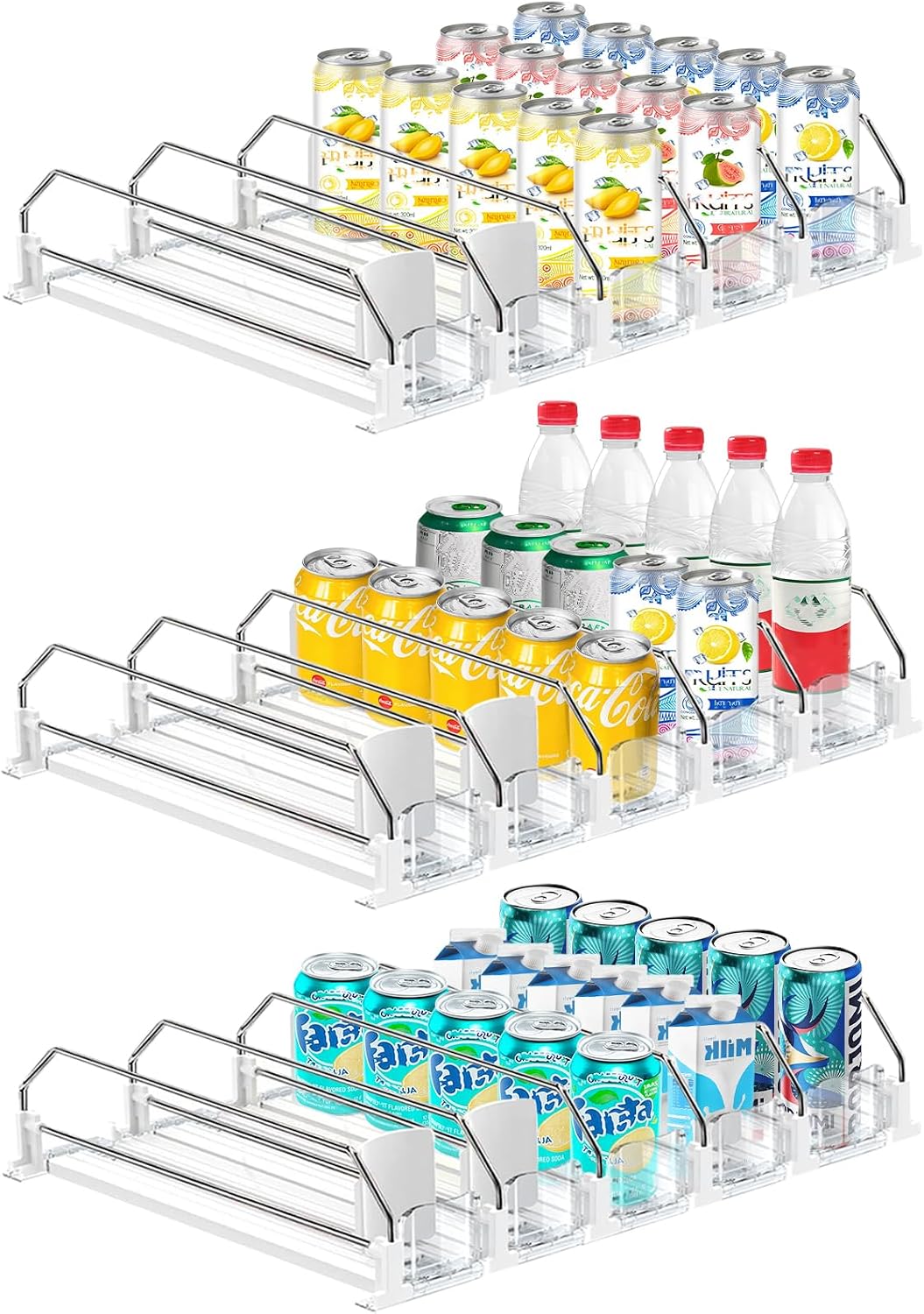3 Pack Drink Organizer for Fridge, Self Pushing Fridge Drink Organizer | Self Pushing Soda Dispenser for Refrigerator, Automatic Drink Dispenser for Fridge, Holds up to 75 Cans (15 Rows)