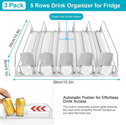 3 Pack Drink Organizer for Fridge, Self Pushing Fridge Drink Organizer | Self Pushing Soda Dispenser for Refrigerator, Automatic Drink Dispenser for Fridge, Holds up to 75 Cans (15 Rows)