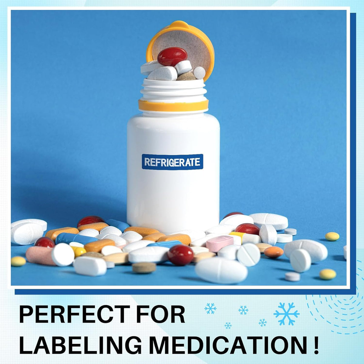 500 Pcs Keep Refrigerated Stickers 0.39" x 1.57" Pharmacy Sticker Medical Label Veterinary Auxiliary Sign Waterproof Freeze for Medicine Pill Syringe Food Candy Meat Mailing(Blue Snowflake)