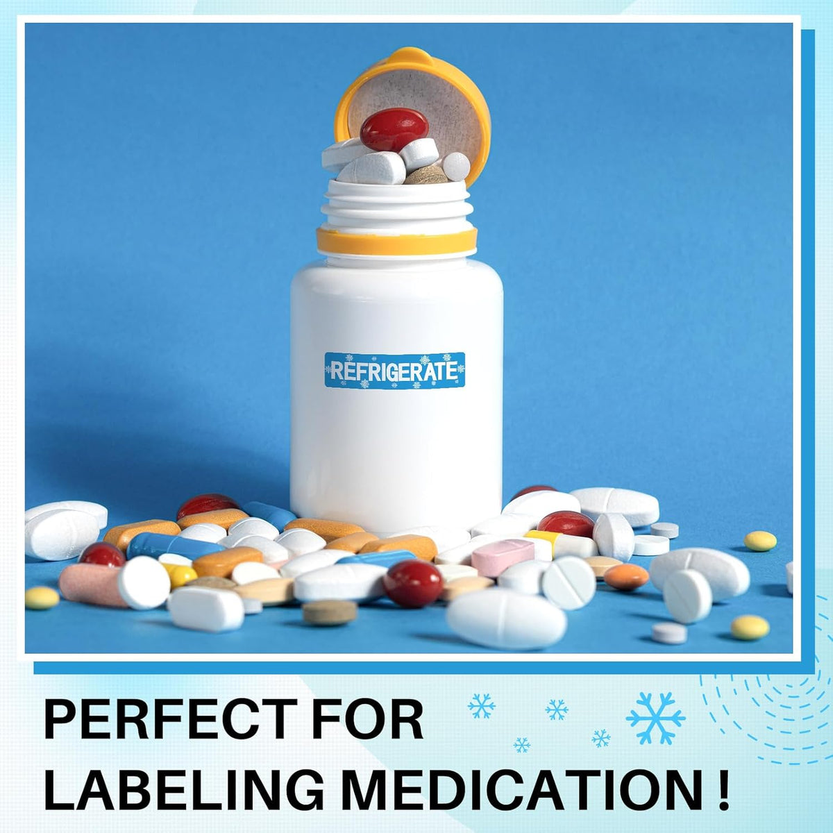 500 Pcs Keep Refrigerated Stickers 0.39" x 1.57" Pharmacy Sticker Medical Label Veterinary Auxiliary Sign Waterproof Freeze for Medicine Pill Syringe Food Candy Meat Mailing(Blue Snowflake)
