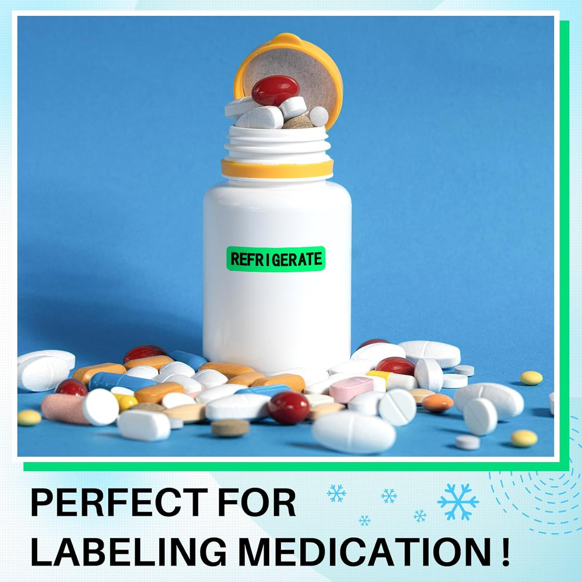 500 Pcs Keep Refrigerated Stickers 0.39" x 1.57" Pharmacy Sticker Medical Label Veterinary Auxiliary Sign Waterproof Freeze for Medicine Pill Syringe Food Candy Meat Mailing(Blue Snowflake)