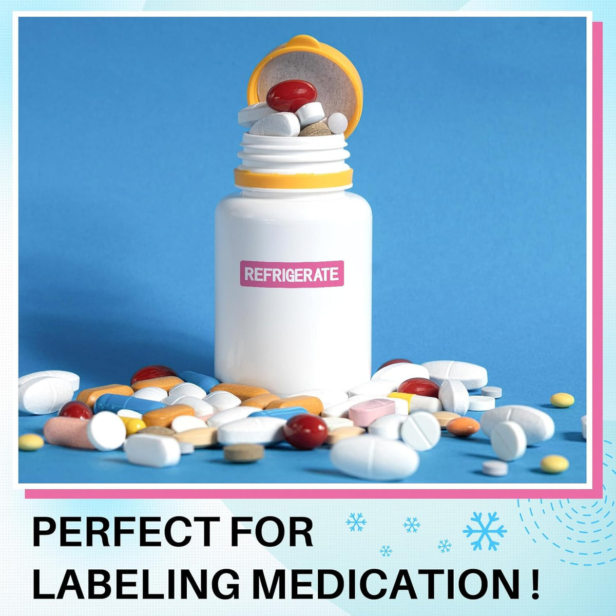 500 Pcs Keep Refrigerated Stickers 0.39" x 1.57" Pharmacy Sticker Medical Label Veterinary Auxiliary Sign Waterproof Freeze for Medicine Pill Syringe Food Candy Meat Mailing(Blue Snowflake)