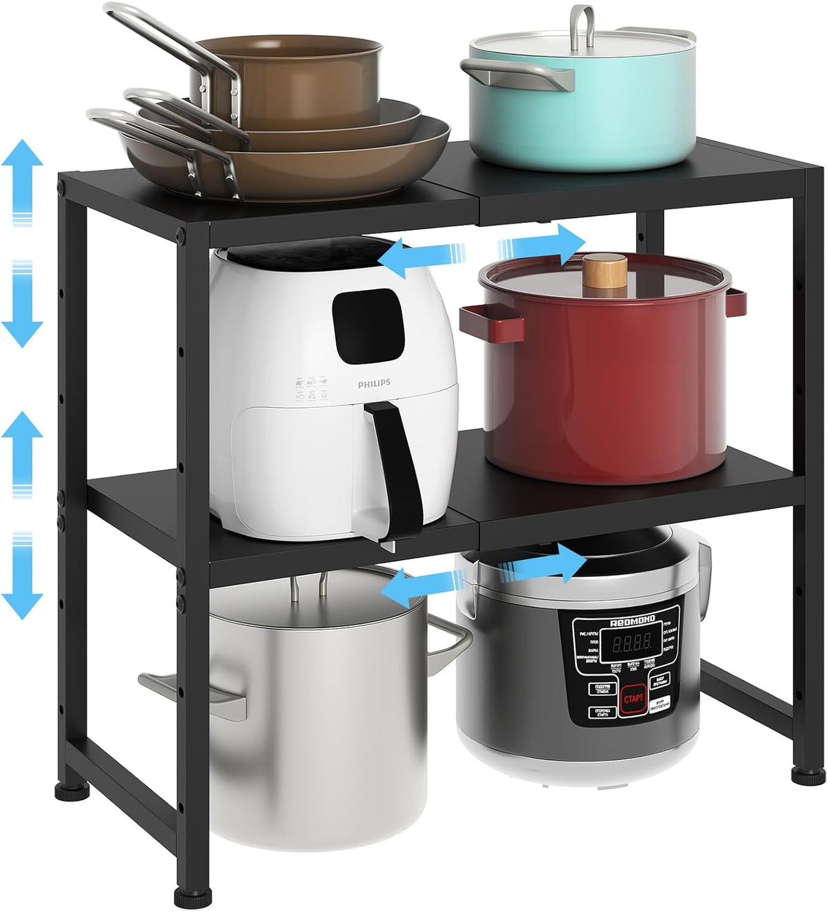 2-Tier Expandable Metal Storage Shelves,150LBS Heavy Duty Shelving Units and Storage For Small Appliance,Adjustable Pots and Pans Organizer Rack Shelf For Kitchen Under Cabinet Pantry Warehouse Garage