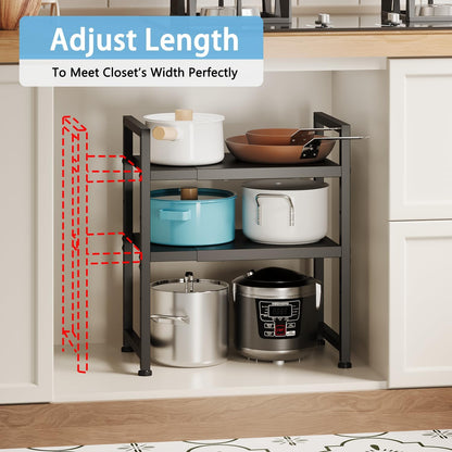 2-Tier Expandable Metal Storage Shelves,150LBS Heavy Duty Shelving Units and Storage For Small Appliance,Adjustable Pots and Pans Organizer Rack Shelf For Kitchen Under Cabinet Pantry Warehouse Garage