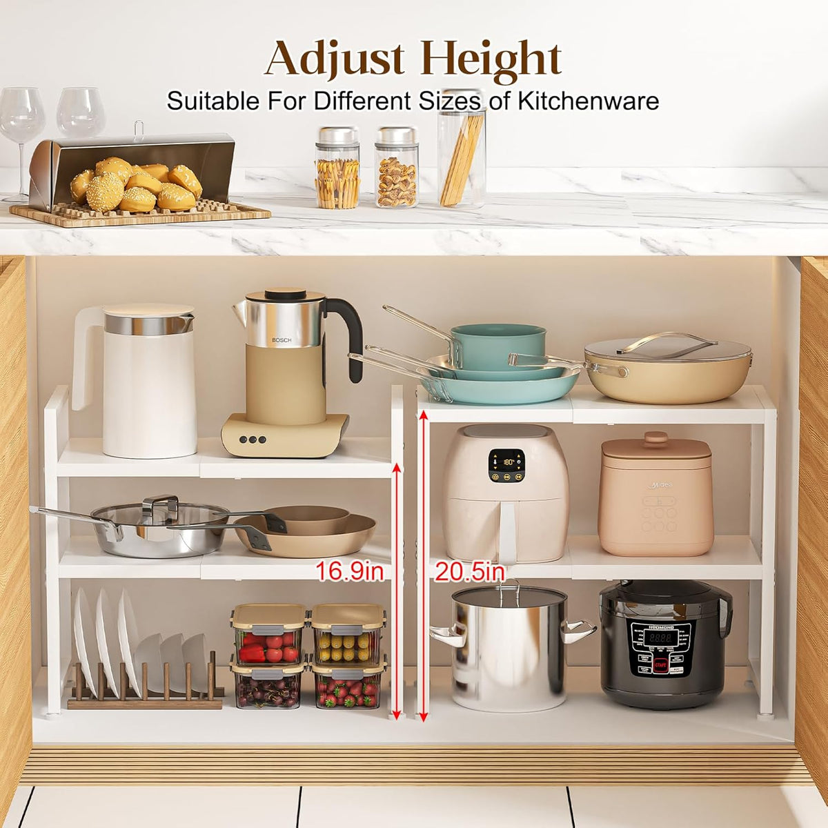 2-Tier Expandable Metal Storage Shelves,150LBS Heavy Duty Shelving Units and Storage For Small Appliance,Adjustable Pots and Pans Organizer Rack Shelf For Kitchen Under Cabinet Pantry Warehouse Garage