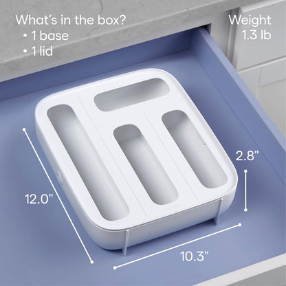 StoraBag Drawer Food Bags Dispenser, 4-Slot, Plastic Sandwich Bag Organizer for Kitchen Storage, White