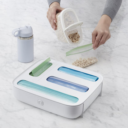 StoraBag Drawer Food Bags Dispenser, 4-Slot, Plastic Sandwich Bag Organizer for Kitchen Storage, White