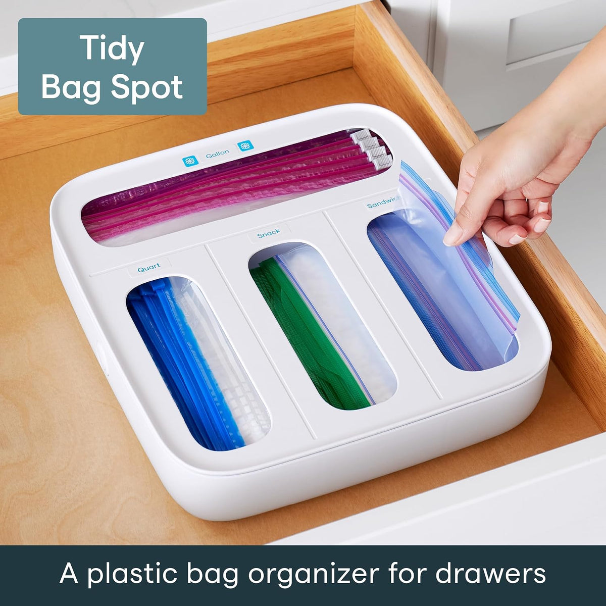 StoraBag Drawer Food Bags Dispenser, 4-Slot, Plastic Sandwich Bag Organizer for Kitchen Storage, White