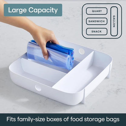 StoraBag Drawer Food Bags Dispenser, 4-Slot, Plastic Sandwich Bag Organizer for Kitchen Storage, White