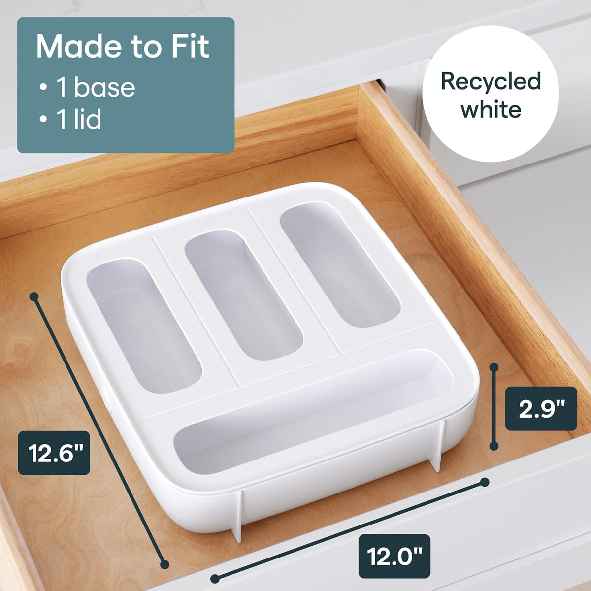 StoraBag Drawer Food Bags Dispenser, 4-Slot, Plastic Sandwich Bag Organizer for Kitchen Storage, White