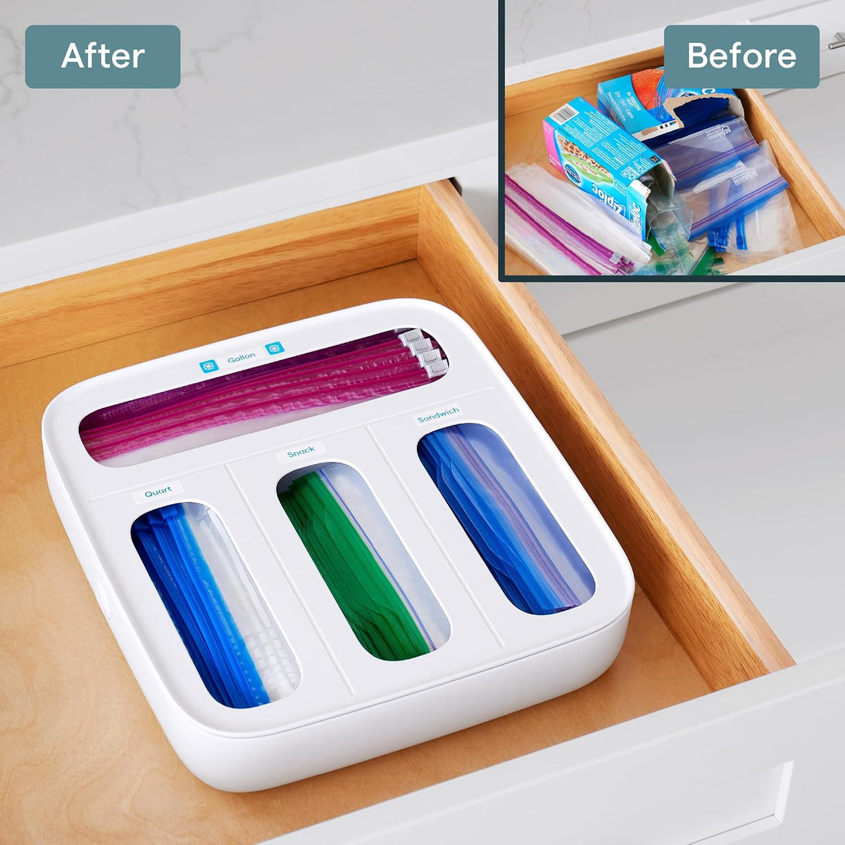 StoraBag Drawer Food Bags Dispenser, 4-Slot, Plastic Sandwich Bag Organizer for Kitchen Storage, White