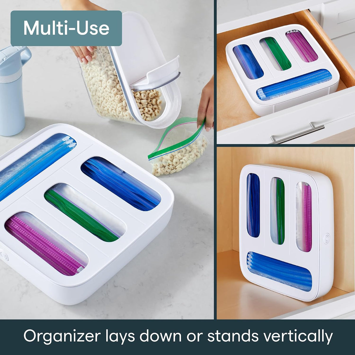 StoraBag Drawer Food Bags Dispenser, 4-Slot, Plastic Sandwich Bag Organizer for Kitchen Storage, White