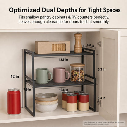Stackable Kitchen Cabinet Organizer Shelves Pantry Rack Set of 2 | Holds Up to 44 Lbs Per Shelf, Easy 3-minute assembly with included hardware and wrench, Organize all around home, RV and more
