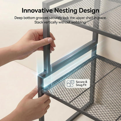 Stackable Kitchen Cabinet Organizer Shelves Pantry Rack Set of 2 | Holds Up to 44 Lbs Per Shelf, Easy 3-minute assembly with included hardware and wrench, Organize all around home, RV and more