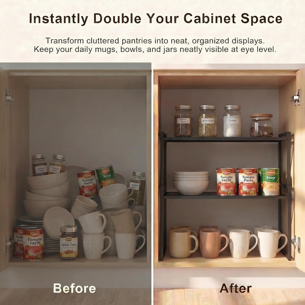 Stackable Kitchen Cabinet Organizer Shelves Pantry Rack Set of 2 | Holds Up to 44 Lbs Per Shelf, Easy 3-minute assembly with included hardware and wrench, Organize all around home, RV and more