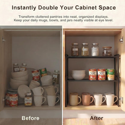 Stackable Kitchen Cabinet Organizer Shelves Pantry Rack Set of 2 | Holds Up to 44 Lbs Per Shelf, Easy 3-minute assembly with included hardware and wrench, Organize all around home, RV and more