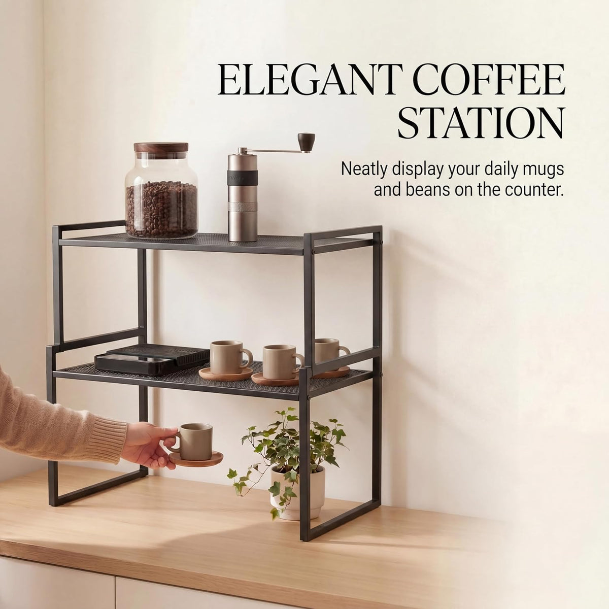 Stackable Kitchen Cabinet Organizer Shelves Pantry Rack Set of 2 | Holds Up to 44 Lbs Per Shelf, Easy 3-minute assembly with included hardware and wrench, Organize all around home, RV and more