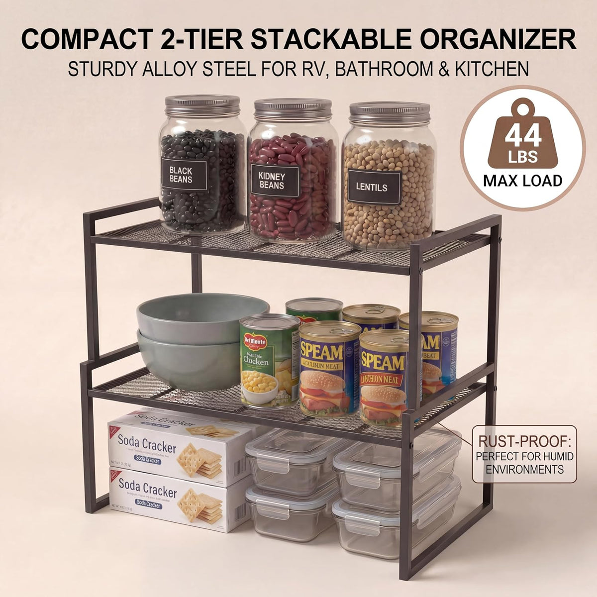 Stackable Kitchen Cabinet Organizer Shelves Pantry Rack Set of 2 | Holds Up to 44 Lbs Per Shelf, Easy 3-minute assembly with included hardware and wrench, Organize all around home, RV and more