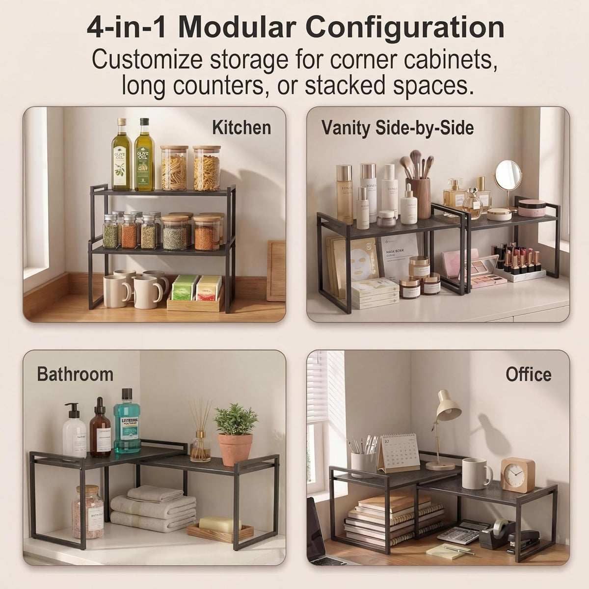 Stackable Kitchen Cabinet Organizer Shelves Pantry Rack Set of 2 | Holds Up to 44 Lbs Per Shelf, Easy 3-minute assembly with included hardware and wrench, Organize all around home, RV and more