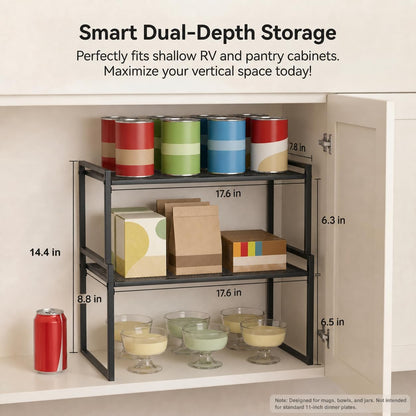 Stackable Kitchen Cabinet Organizer Shelves Pantry Rack Set of 2 | Holds Up to 44 Lbs Per Shelf, Easy 3-minute assembly with included hardware and wrench, Organize all around home, RV and more