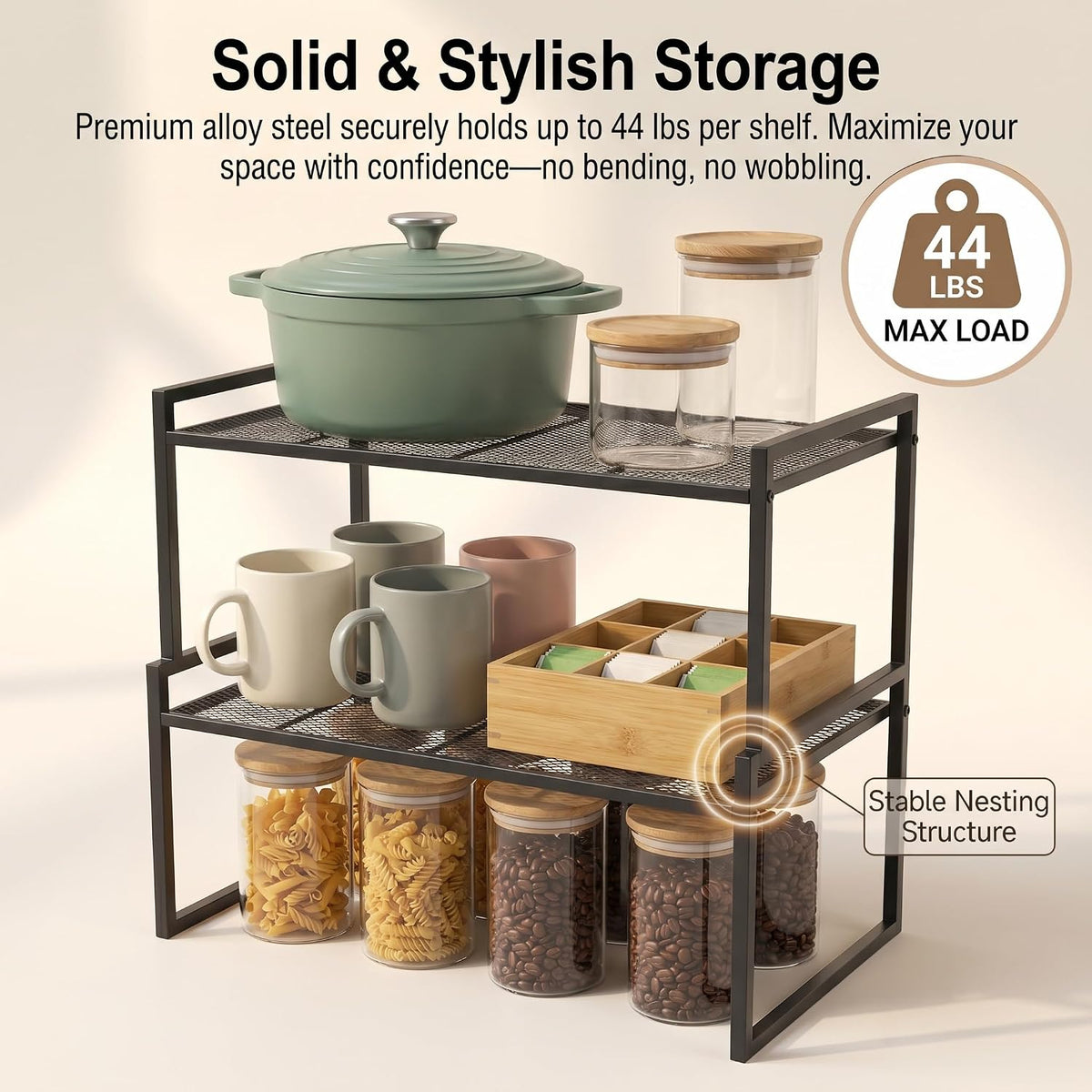 Stackable Kitchen Cabinet Organizer Shelves Pantry Rack Set of 2 | Holds Up to 44 Lbs Per Shelf, Easy 3-minute assembly with included hardware and wrench, Organize all around home, RV and more