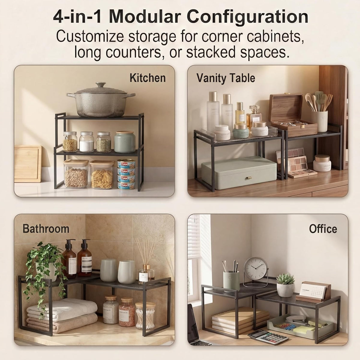 Stackable Kitchen Cabinet Organizer Shelves Pantry Rack Set of 2 | Holds Up to 44 Lbs Per Shelf, Easy 3-minute assembly with included hardware and wrench, Organize all around home, RV and more