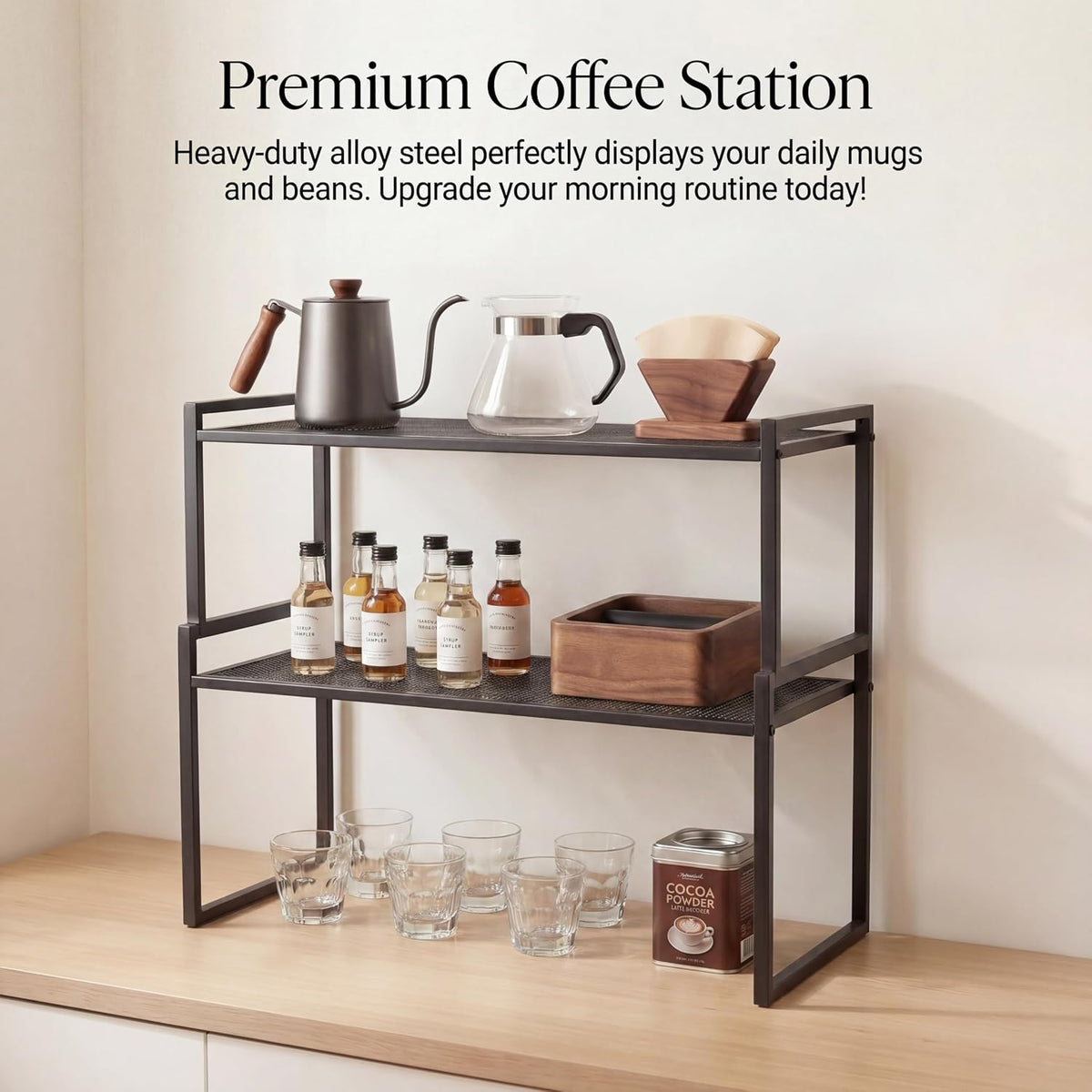 Stackable Kitchen Cabinet Organizer Shelves Pantry Rack Set of 2 | Holds Up to 44 Lbs Per Shelf, Easy 3-minute assembly with included hardware and wrench, Organize all around home, RV and more
