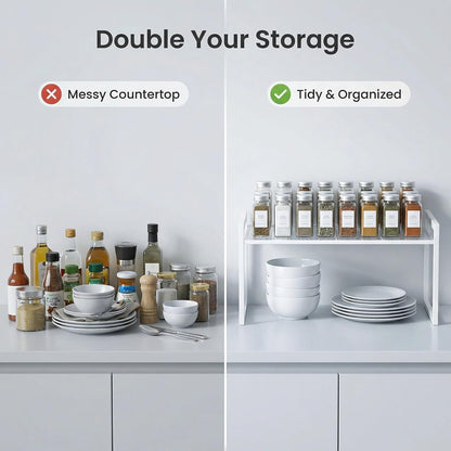 Stackable Kitchen Cabinet Organizer Shelves Pantry Rack Set of 2 | Holds Up to 44 Lbs Per Shelf, Easy 3-minute assembly with included hardware and wrench, Organize all around home, RV and more