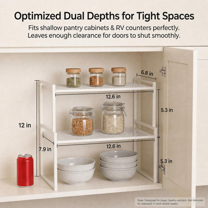 Stackable Kitchen Cabinet Organizer Shelves Pantry Rack Set of 2 | Holds Up to 44 Lbs Per Shelf, Easy 3-minute assembly with included hardware and wrench, Organize all around home, RV and more