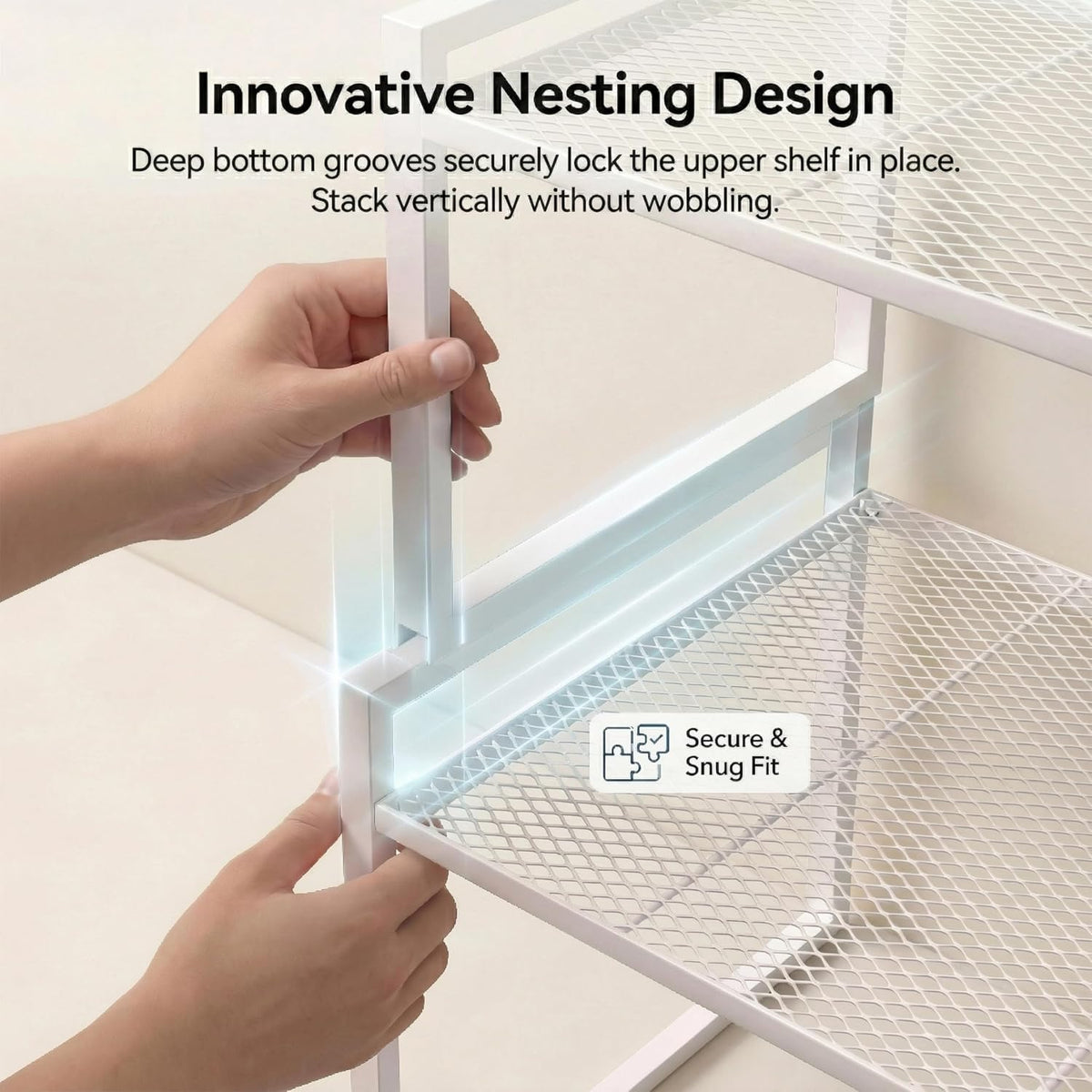 Stackable Kitchen Cabinet Organizer Shelves Pantry Rack Set of 2 | Holds Up to 44 Lbs Per Shelf, Easy 3-minute assembly with included hardware and wrench, Organize all around home, RV and more
