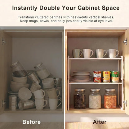 Stackable Kitchen Cabinet Organizer Shelves Pantry Rack Set of 2 | Holds Up to 44 Lbs Per Shelf, Easy 3-minute assembly with included hardware and wrench, Organize all around home, RV and more