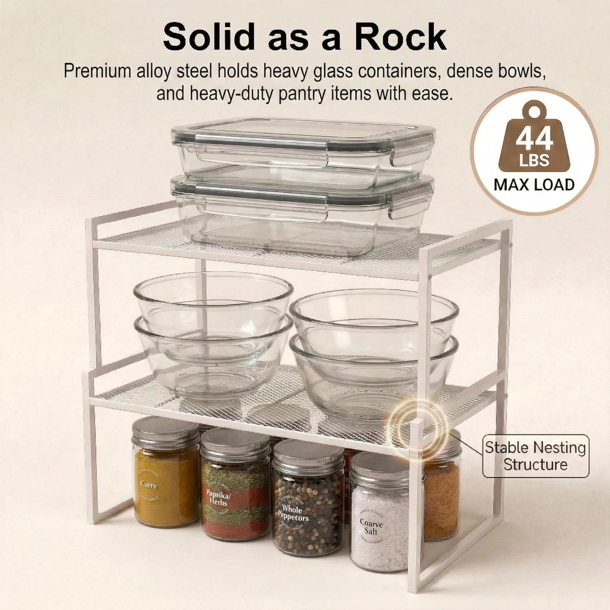 Stackable Kitchen Cabinet Organizer Shelves Pantry Rack Set of 2 | Holds Up to 44 Lbs Per Shelf, Easy 3-minute assembly with included hardware and wrench, Organize all around home, RV and more