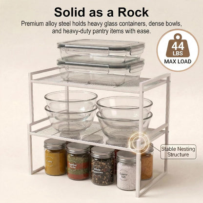 Stackable Kitchen Cabinet Organizer Shelves Pantry Rack Set of 2 | Holds Up to 44 Lbs Per Shelf, Easy 3-minute assembly with included hardware and wrench, Organize all around home, RV and more
