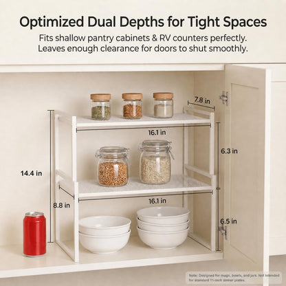 Stackable Kitchen Cabinet Organizer Shelves Pantry Rack Set of 2 | Holds Up to 44 Lbs Per Shelf, Easy 3-minute assembly with included hardware and wrench, Organize all around home, RV and more