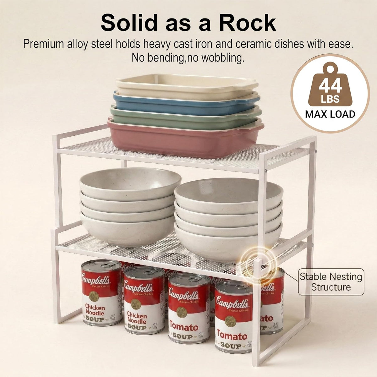 Stackable Kitchen Cabinet Organizer Shelves Pantry Rack Set of 2 | Holds Up to 44 Lbs Per Shelf, Easy 3-minute assembly with included hardware and wrench, Organize all around home, RV and more