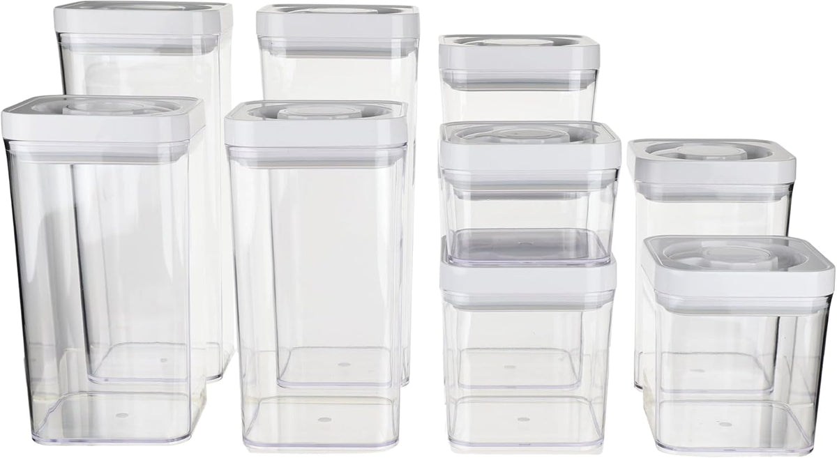 Airtight Food Storage Containers, BPA Free, Dishwasher Safe, with Twist/Turn Lids, for Kitchen Pantry Organization, 10-Piece Square Set, Clear Plastic