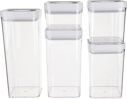 Airtight Food Storage Containers, BPA Free, Dishwasher Safe, with Twist/Turn Lids, for Kitchen Pantry Organization, 10-Piece Square Set, Clear Plastic