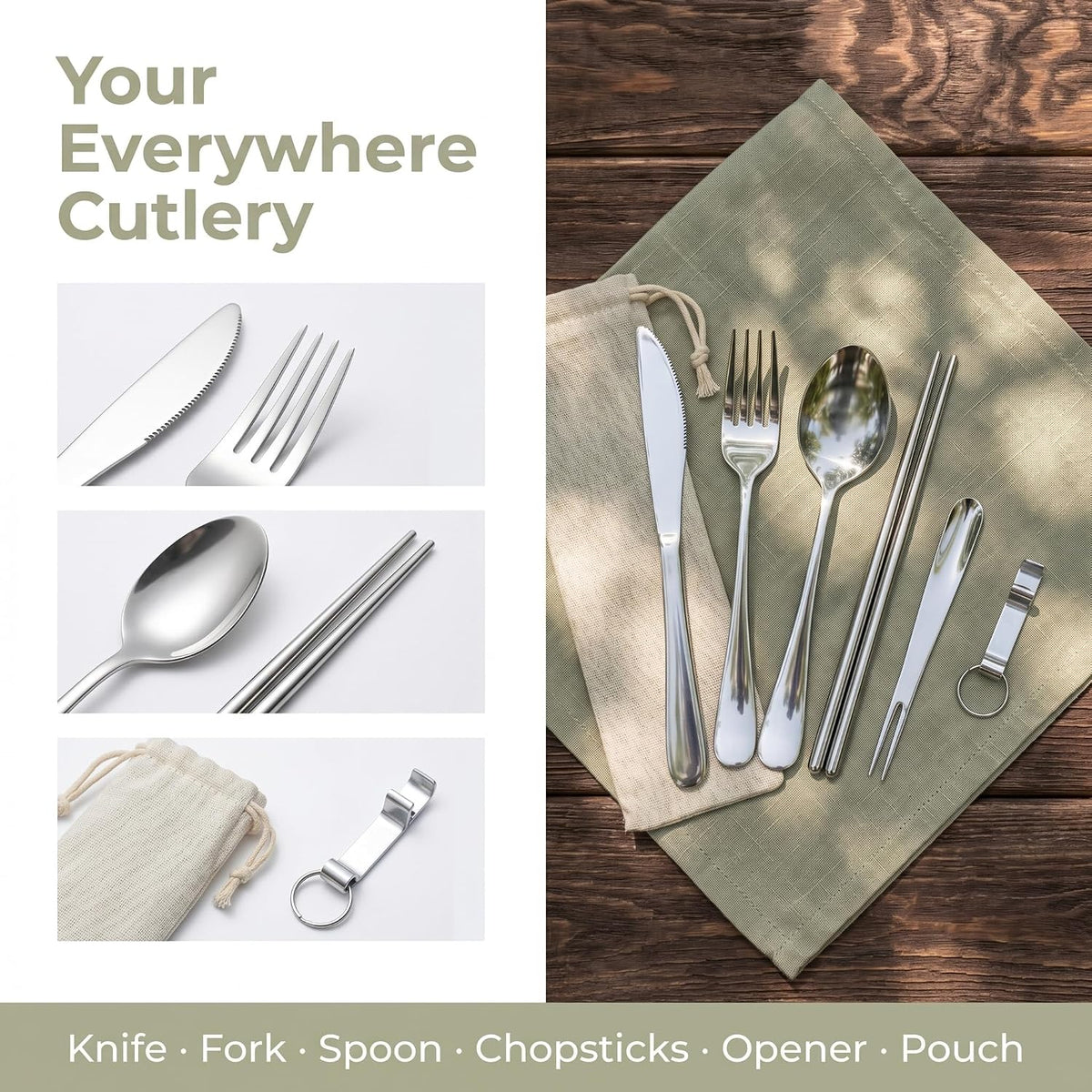 6 Pcs Portable Utensils Set Case Stainless Steel Travel Cutlery Flatware