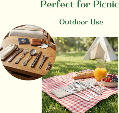 6 Pcs Portable Utensils Set Case Stainless Steel Travel Cutlery Flatware